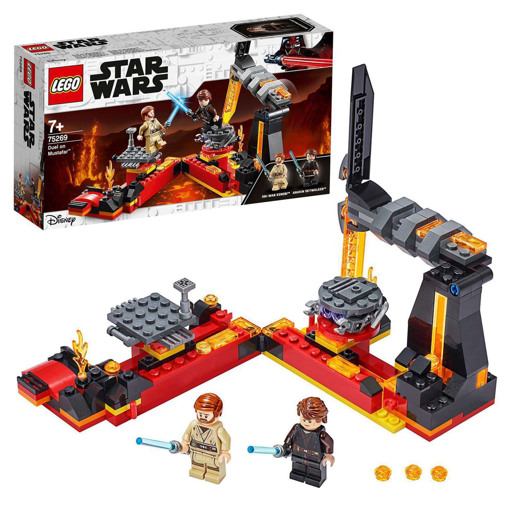LEGO Star Wars Duel on Mustafar playset 75269 with Obi-Wan and Anakin figures, lightsabers, and lava details.