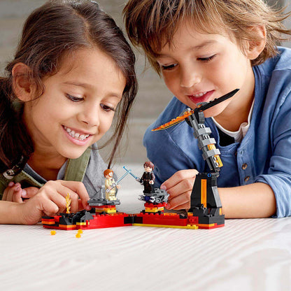 Kids playing with LEGO® Star Wars Duel on Mustafar playset, recreating Obi-Wan vs. Anakin lightsaber duel.