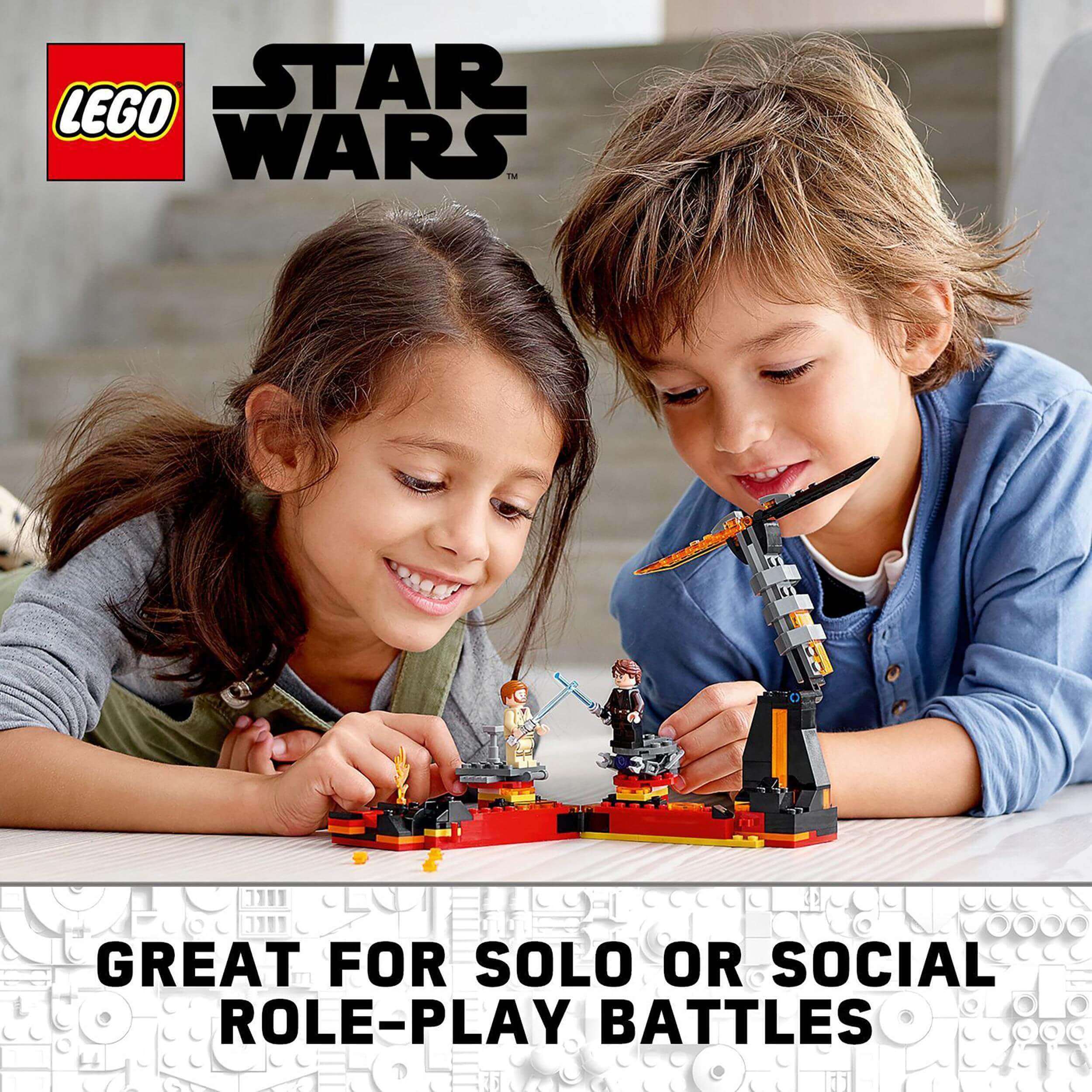 Kids enjoying the LEGO® Star Wars Duel on Mustafar playset, staging epic lightsaber battles.
