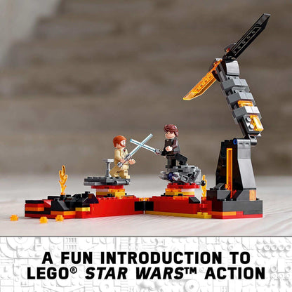 LEGO Star Wars Duel on Mustafar playset featuring Obi-Wan and Anakin lightsaber duel, perfect for imaginative play.