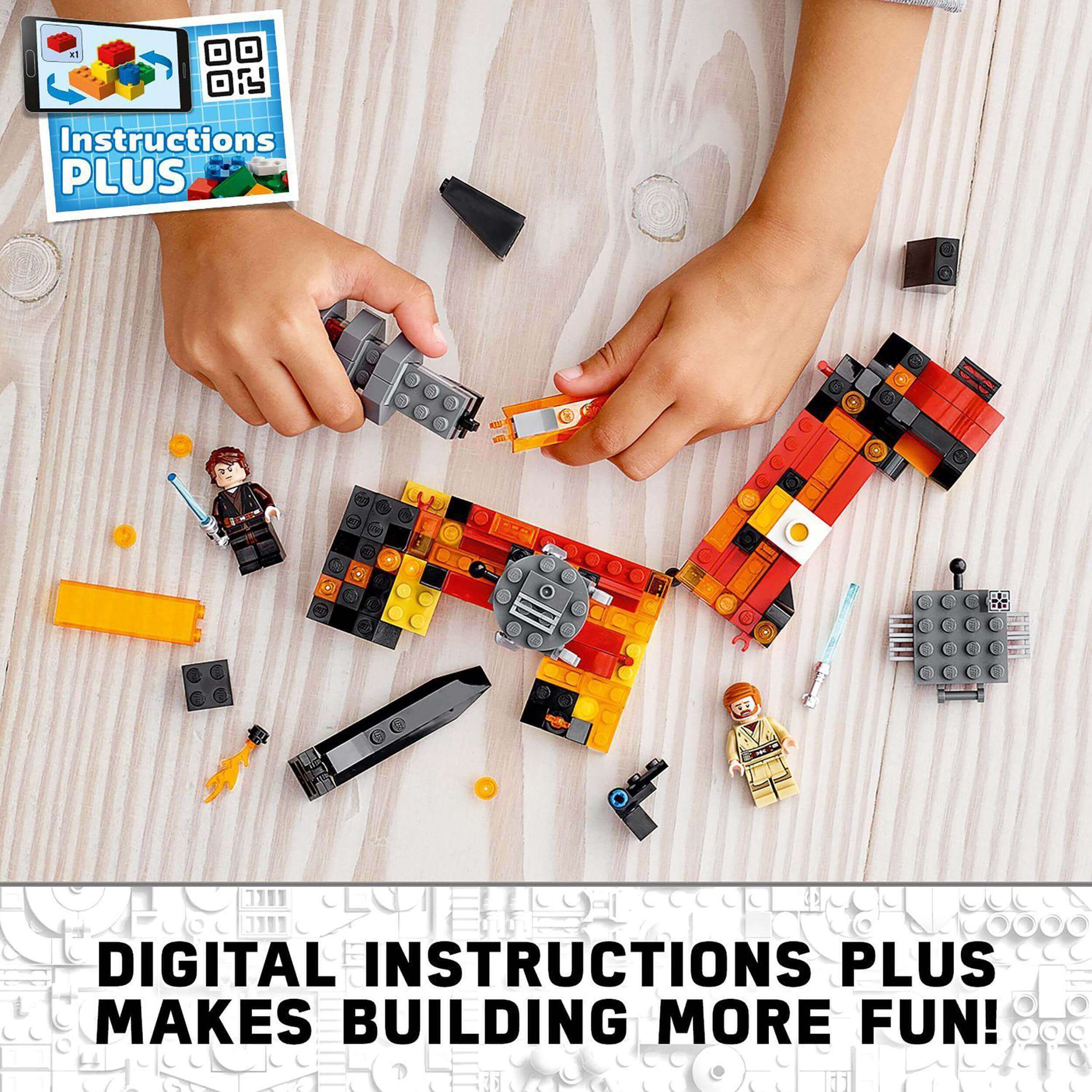 Child building LEGO® Star Wars Duel on Mustafar playset with digital Instructions Plus for enhanced fun.