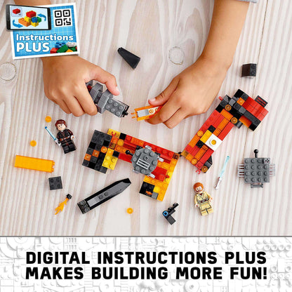 Child building LEGO® Star Wars Duel on Mustafar playset with digital Instructions Plus for enhanced fun.