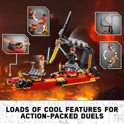LEGO Star Wars Duel on Mustafar playset showcasing Obi-Wan and Anakin with lightsabers and action features.