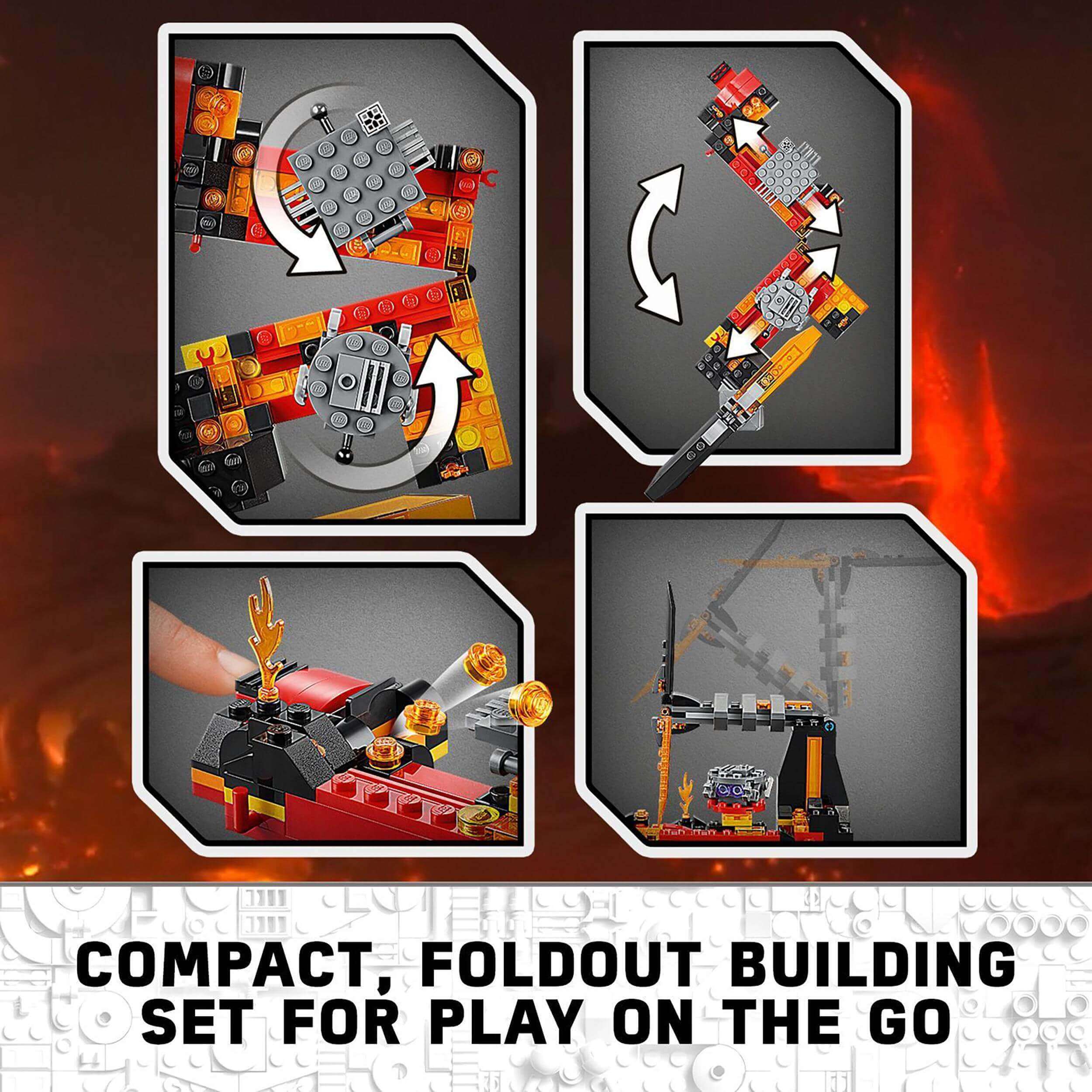 LEGO Star Wars Duel on Mustafar playset showing compact foldout building features and construction steps.