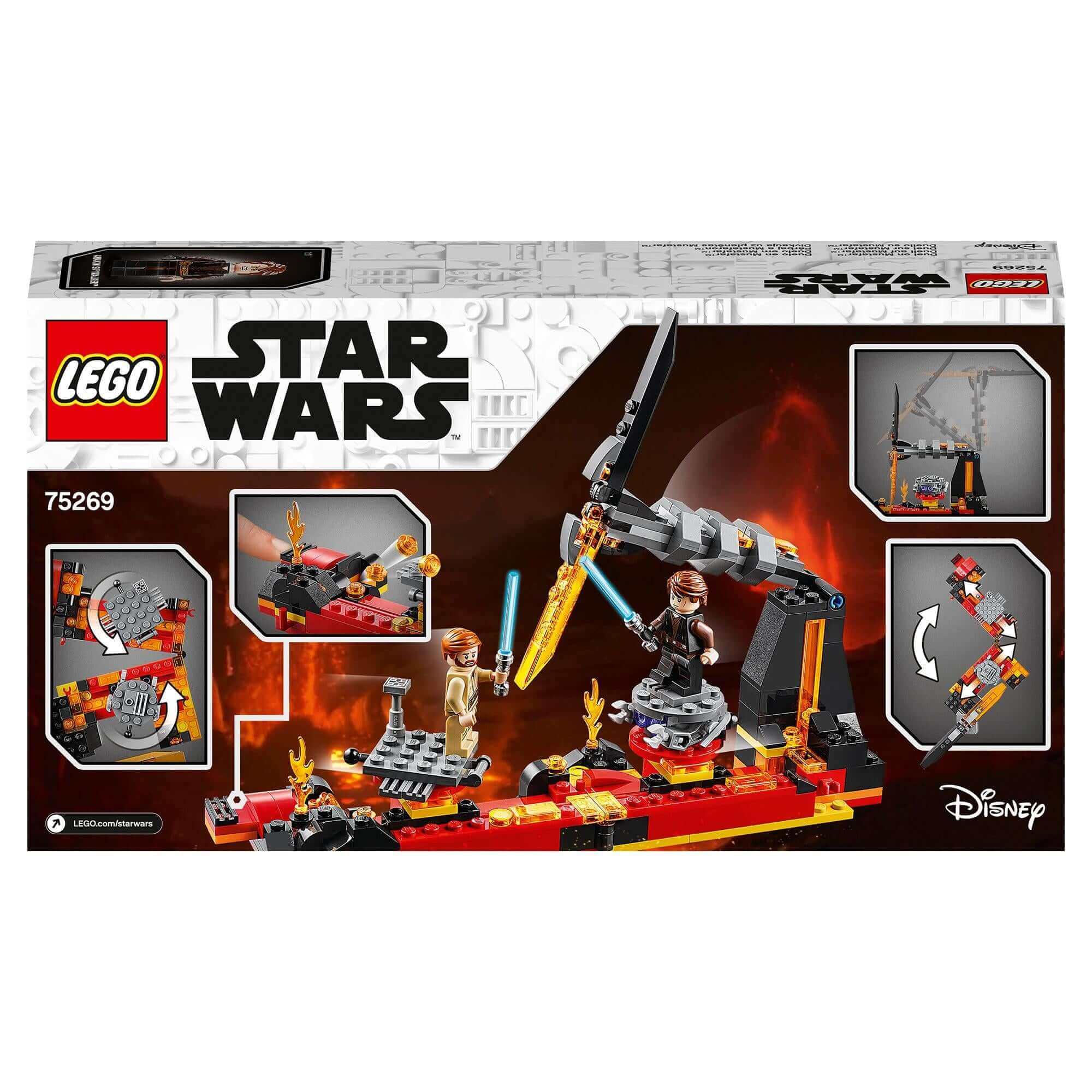 LEGO Star Wars Duel on Mustafar Playset 75269 featuring Obi-Wan Kenobi and Anakin Skywalker lightsaber duel scene.