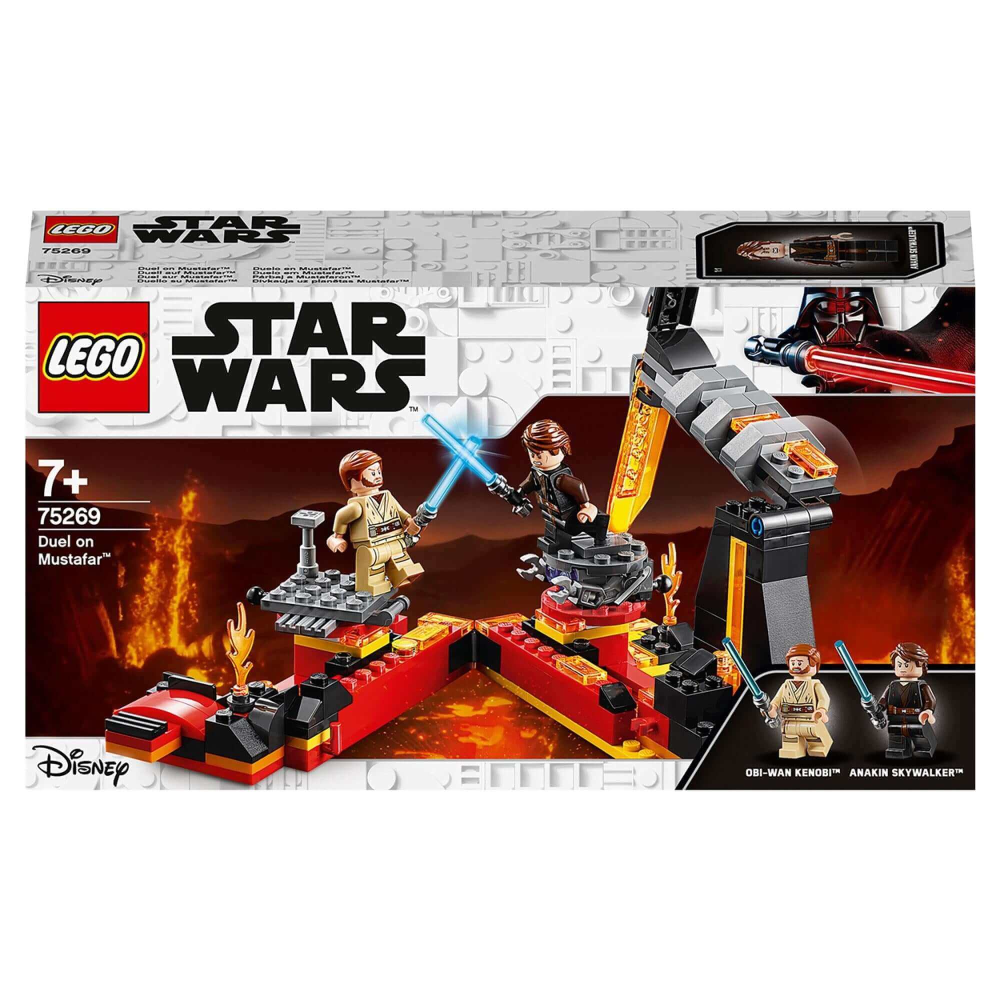 LEGO Star Wars Duel on Mustafar playset 75269 featuring Obi-Wan Kenobi and Anakin Skywalker with lightsabers.