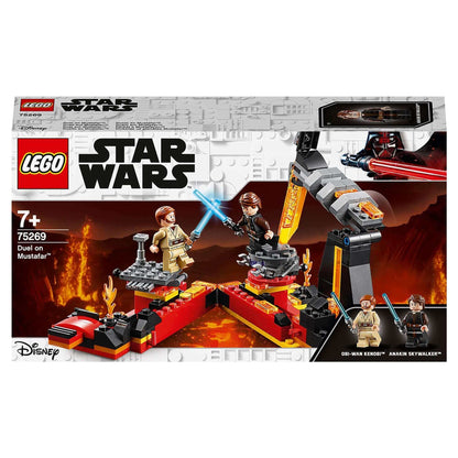 LEGO Star Wars Duel on Mustafar playset 75269 featuring Obi-Wan Kenobi and Anakin Skywalker with lightsabers.