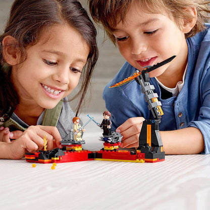 Children playing with LEGO® Star Wars Duel on Mustafar set, featuring Obi-Wan and Anakin in a lightsaber battle.