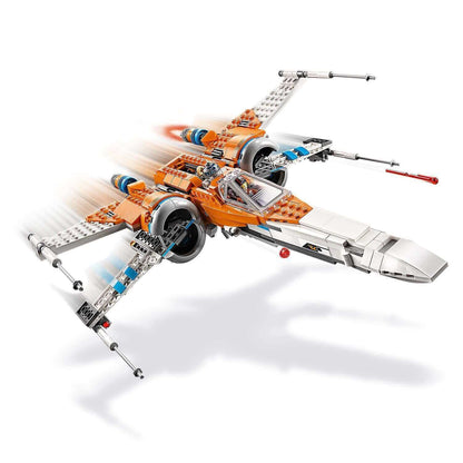 LEGO Star Wars Poe Dameron's X-wing Fighter 75273 in motion, showcasing high-speed action and missile-shooting features.