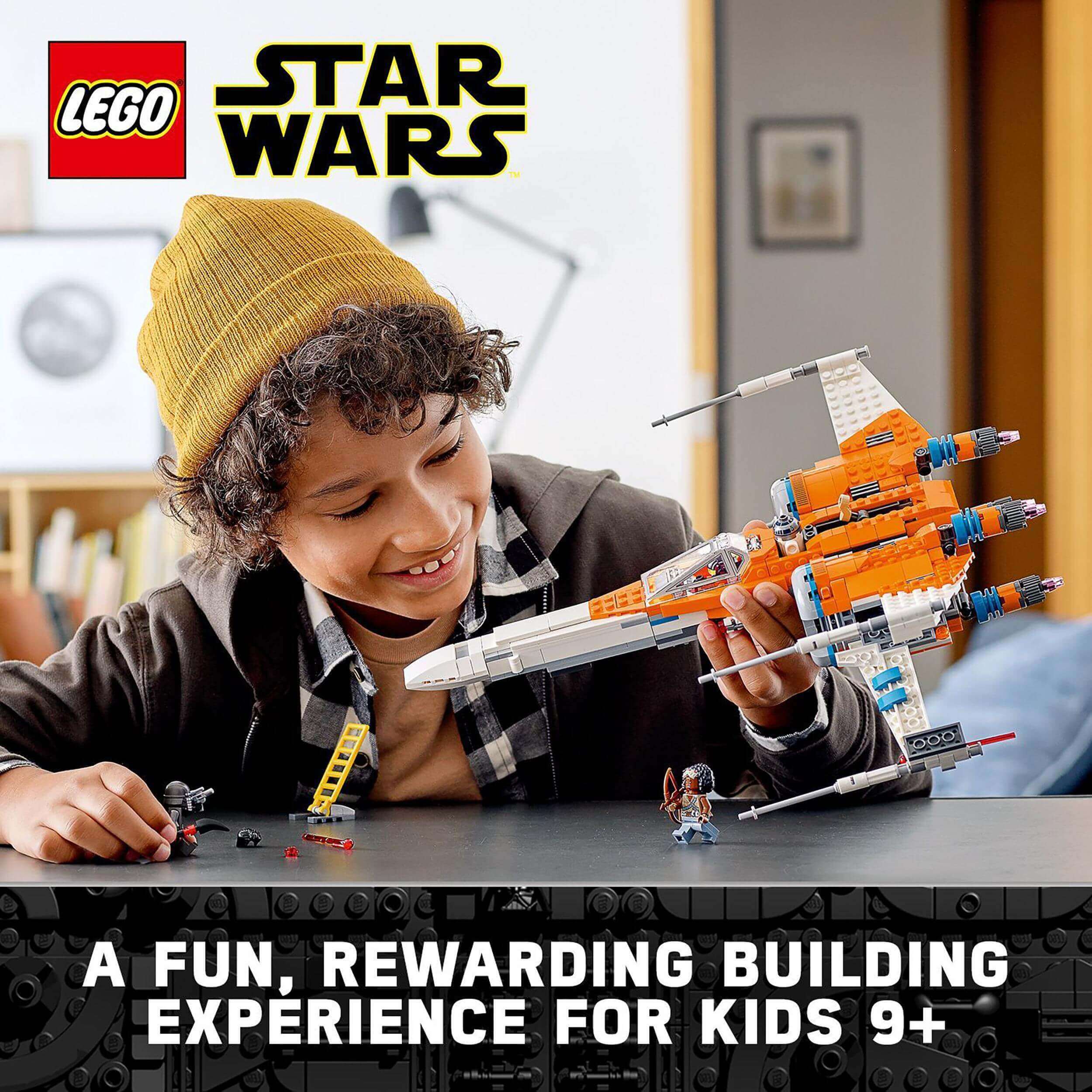 Child building LEGO Star Wars Poe Dameron' X-wing Fighter 75273, a fun experience for kids 9+.