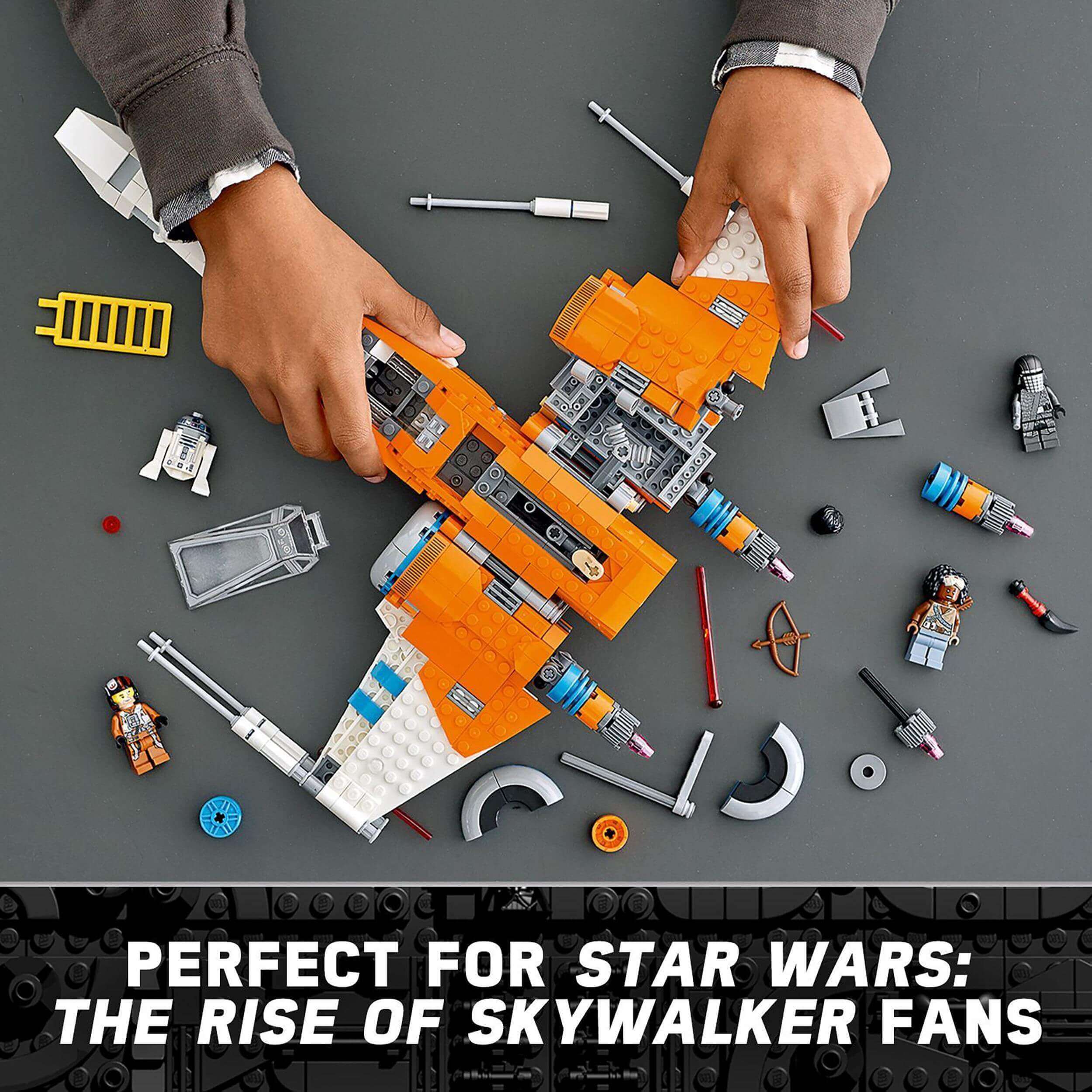 Child assembling LEGO Star Wars Poe Dameron's X-wing Fighter 75273, perfect for fans of The Rise of Skywalker.