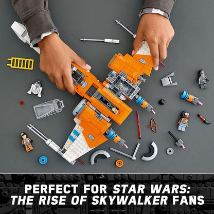 Child assembling LEGO Star Wars Poe Dameron's X-wing Fighter 75273, perfect for fans of The Rise of Skywalker.