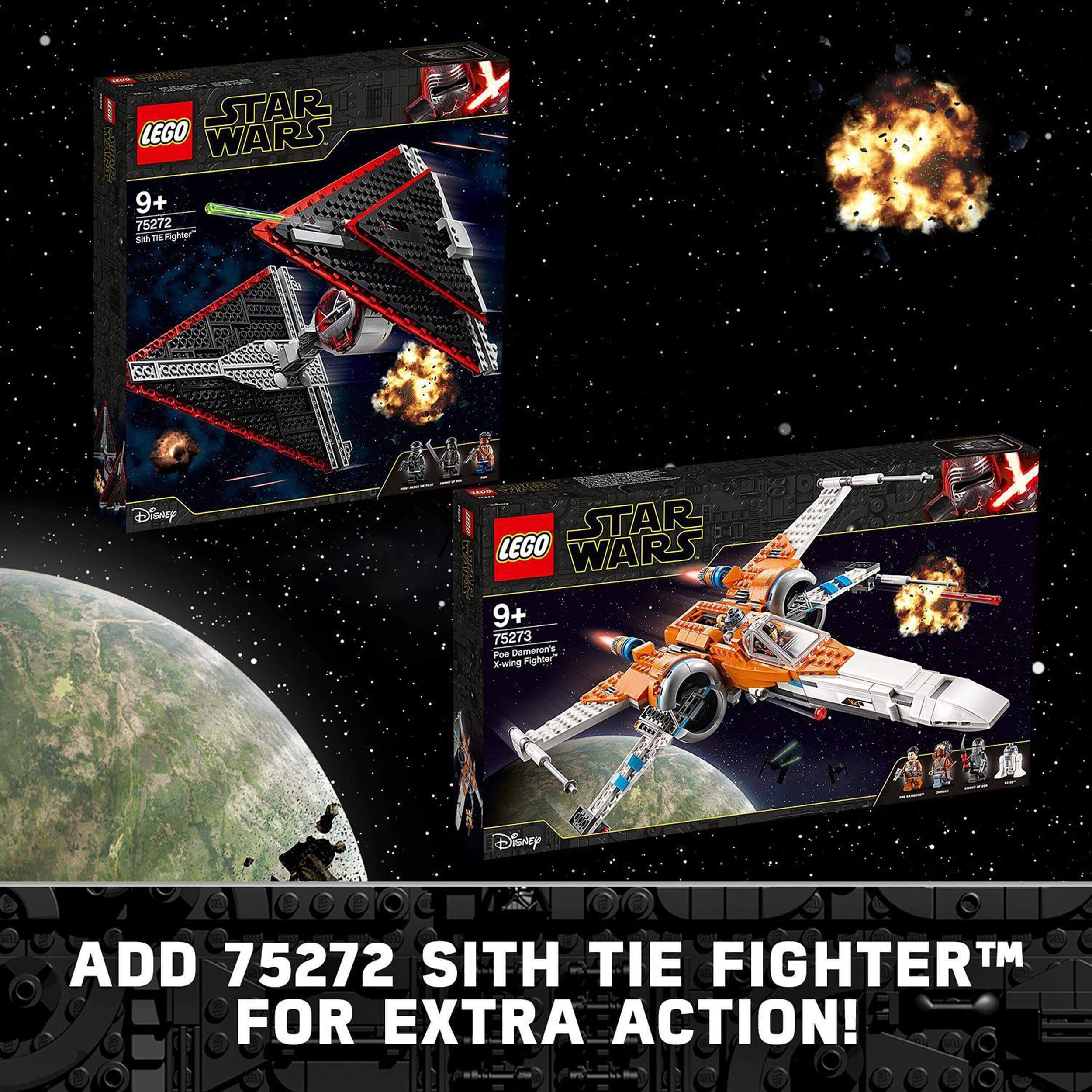 LEGO Star Wars Poe Dameron's X-wing Fighter 75273 set alongside Sith TIE Fighter for exciting space battles.