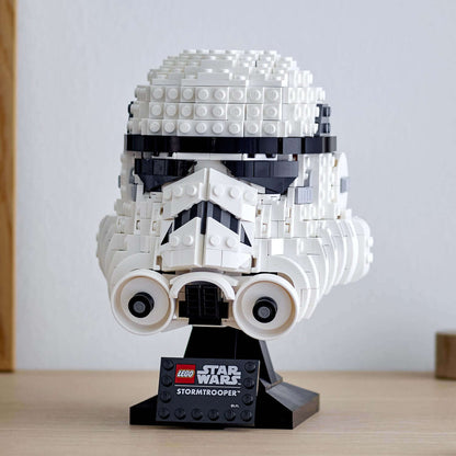LEGO® Star Wars Stormtrooper Helmet Model Set 75276 displayed on a stand, showcasing detailed brick design for collectors.