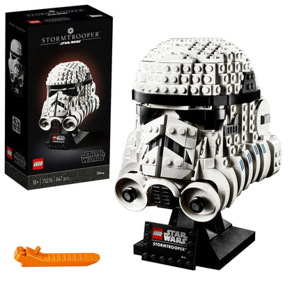 LEGO Star Wars Stormtrooper Helmet Model Set 75276 with display stand and accessories, perfect for adult collectors.
