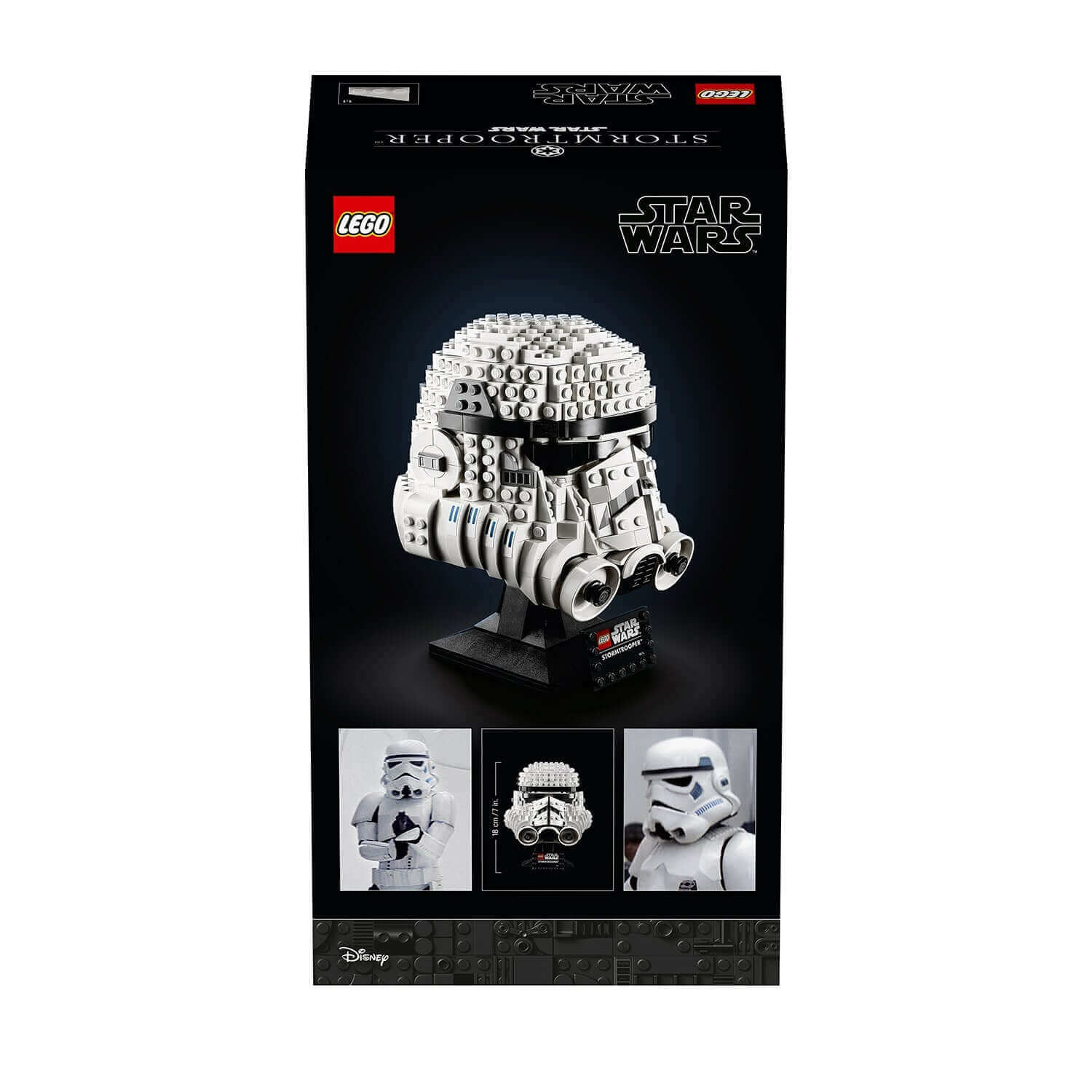 LEGO Star Wars Stormtrooper Helmet model set 75276 packaging with detailed images of the helmet on display.
