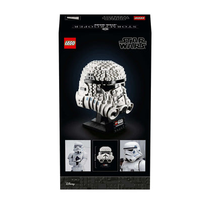 LEGO Star Wars Stormtrooper Helmet model set 75276 packaging with detailed images of the helmet on display.