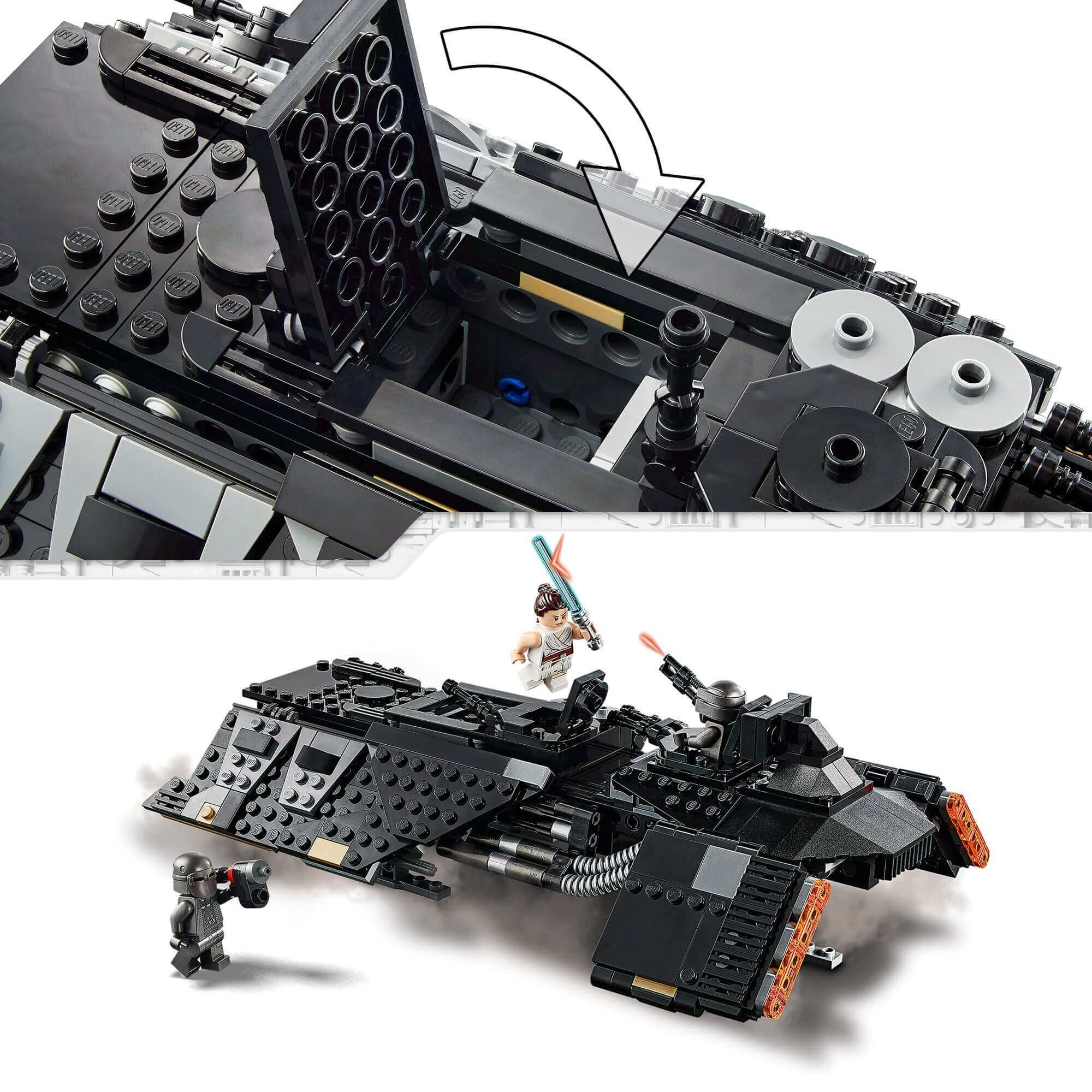 LEGO Star Wars Knights of Ren Transport Ship 75284 with figures of Rey and a Knight of Ren in action.
