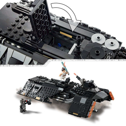 LEGO Star Wars Knights of Ren Transport Ship 75284 with figures of Rey and a Knight of Ren in action.