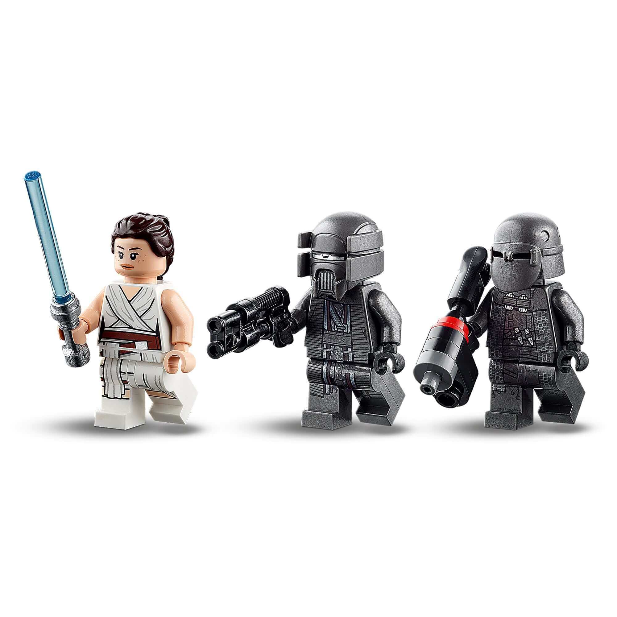 LEGO Star Wars Knights of Ren Transport Ship set featuring Rey and two Knights of Ren minifigures wielding weapons.