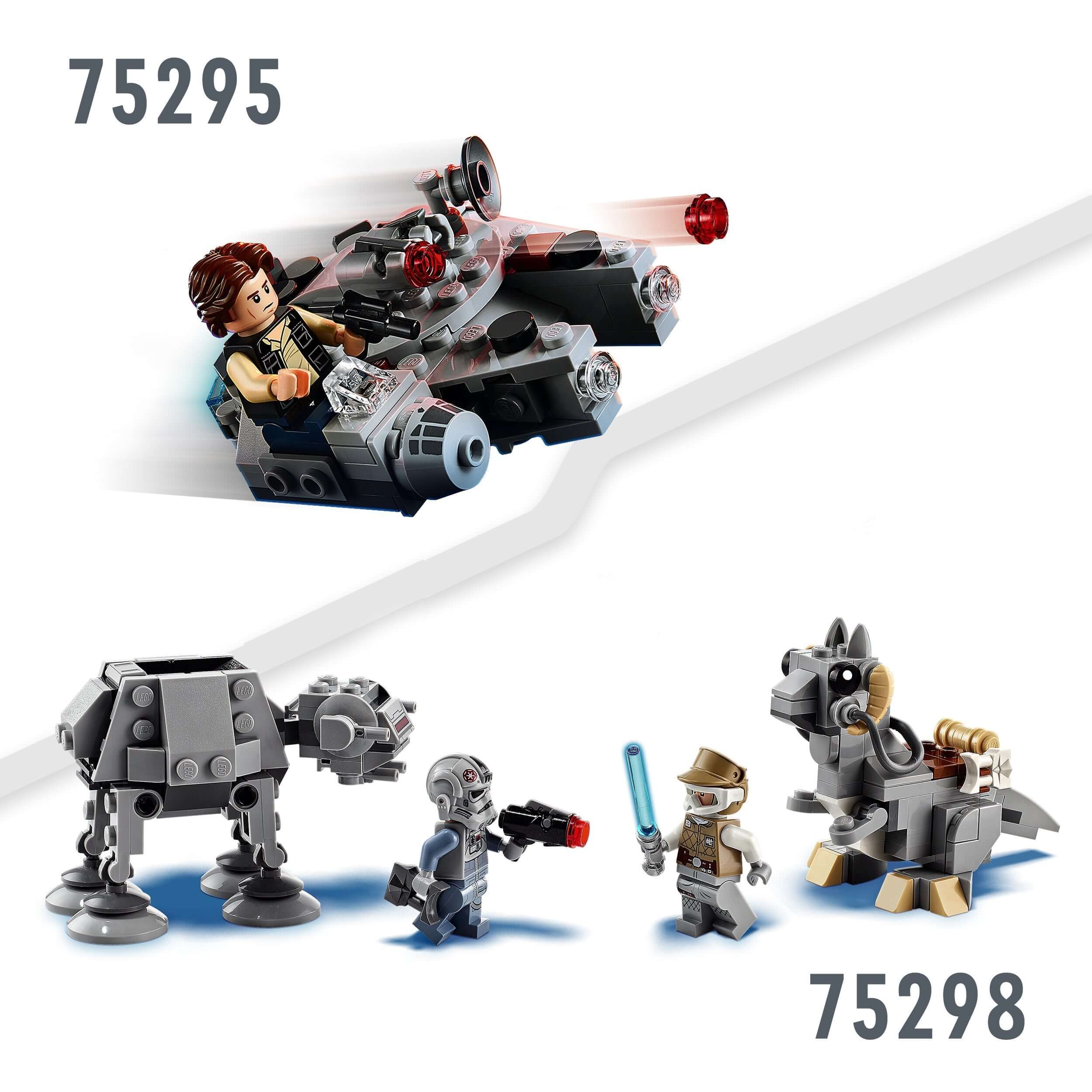 LEGO® Star Wars sets 75295 and 75298 featuring Han Solo, AT-AT, Tauntaun, and minifigures for battle play.