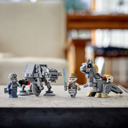 LEGO Star Wars AT-AT vs. Tauntaun Microfighters set with minifigures on a table.