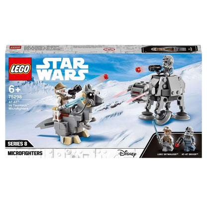 LEGO Star Wars AT-AT vs. Tauntaun Microfighters 75298 featuring minifigures Luke Skywalker and AT-AT Driver.