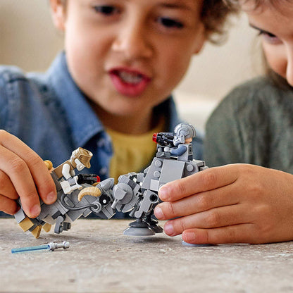 Kids playing with LEGO® Star Wars AT-AT and Tauntaun Microfighters, featuring Luke Skywalker and AT-AT Driver minifigures.