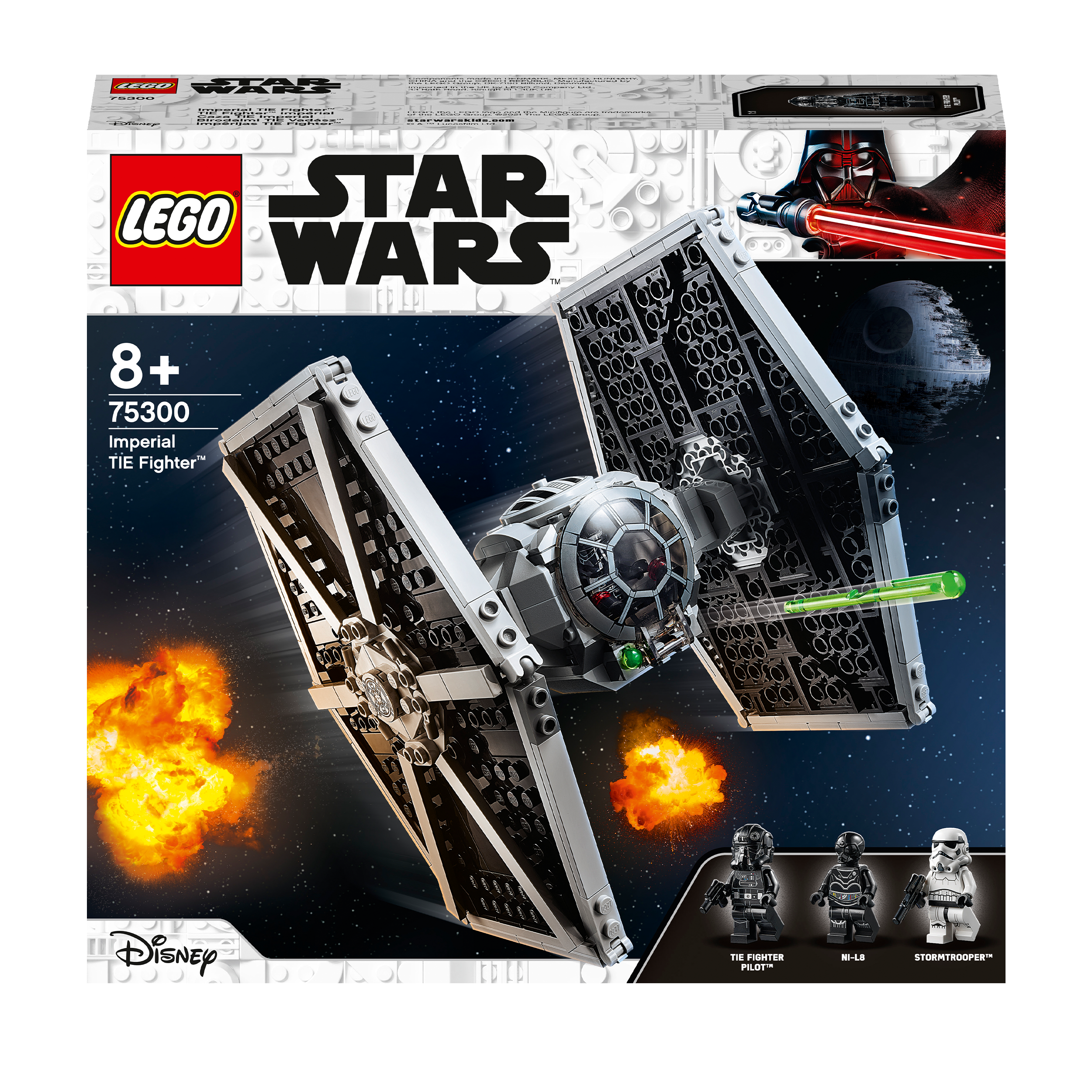 LEGO Star Wars Imperial TIE Fighter Toy 75300 with minifigures, missile-shooting features, and space backdrop.