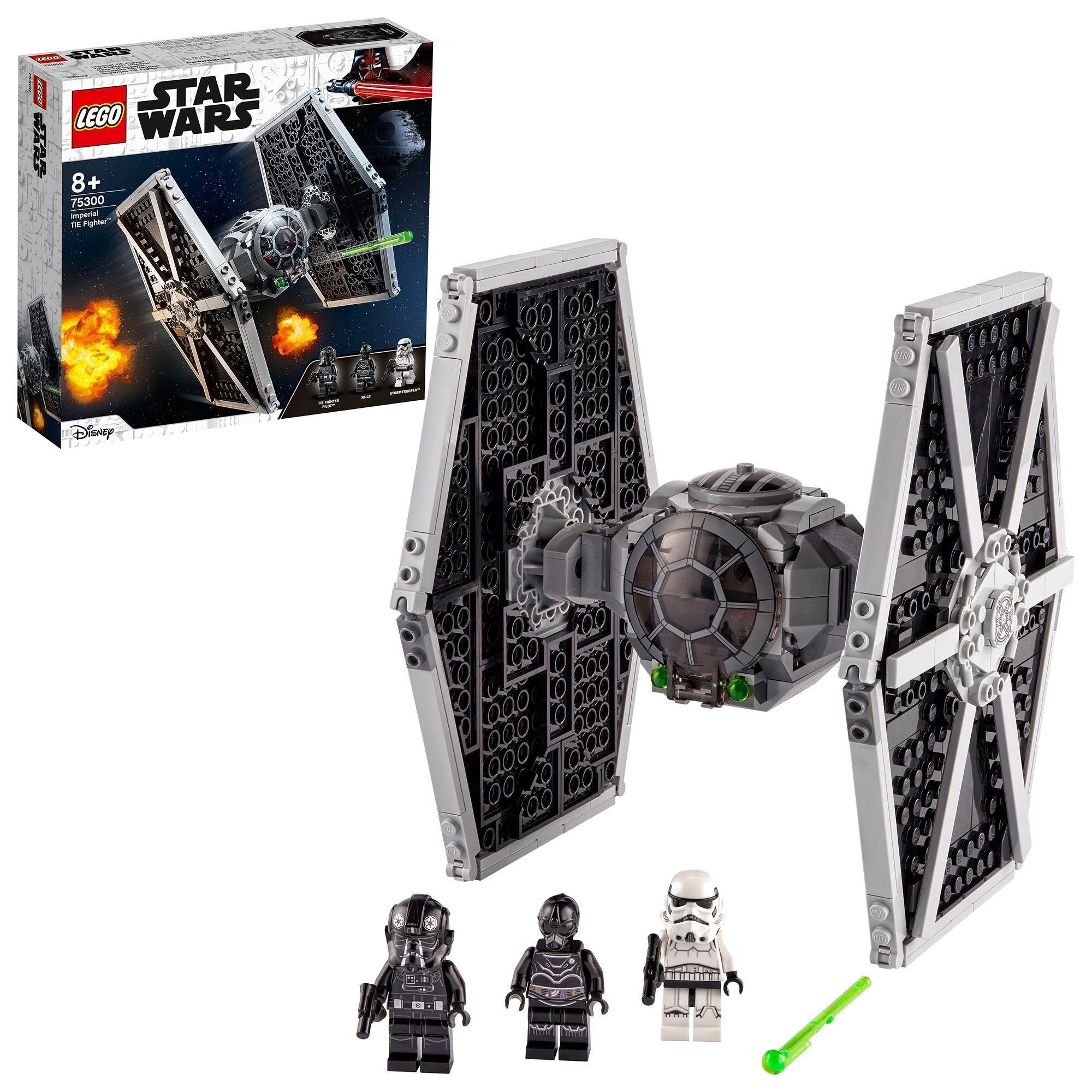 LEGO Star Wars Imperial TIE Fighter Toy 75300 with minifigures and NI-L8 Droid, missile-shooting action.
