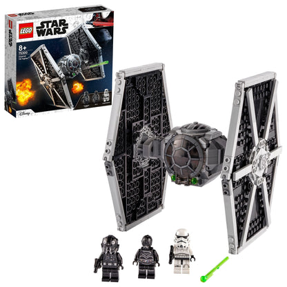 LEGO Star Wars Imperial TIE Fighter Toy 75300 with minifigures and NI-L8 Droid, missile-shooting action.