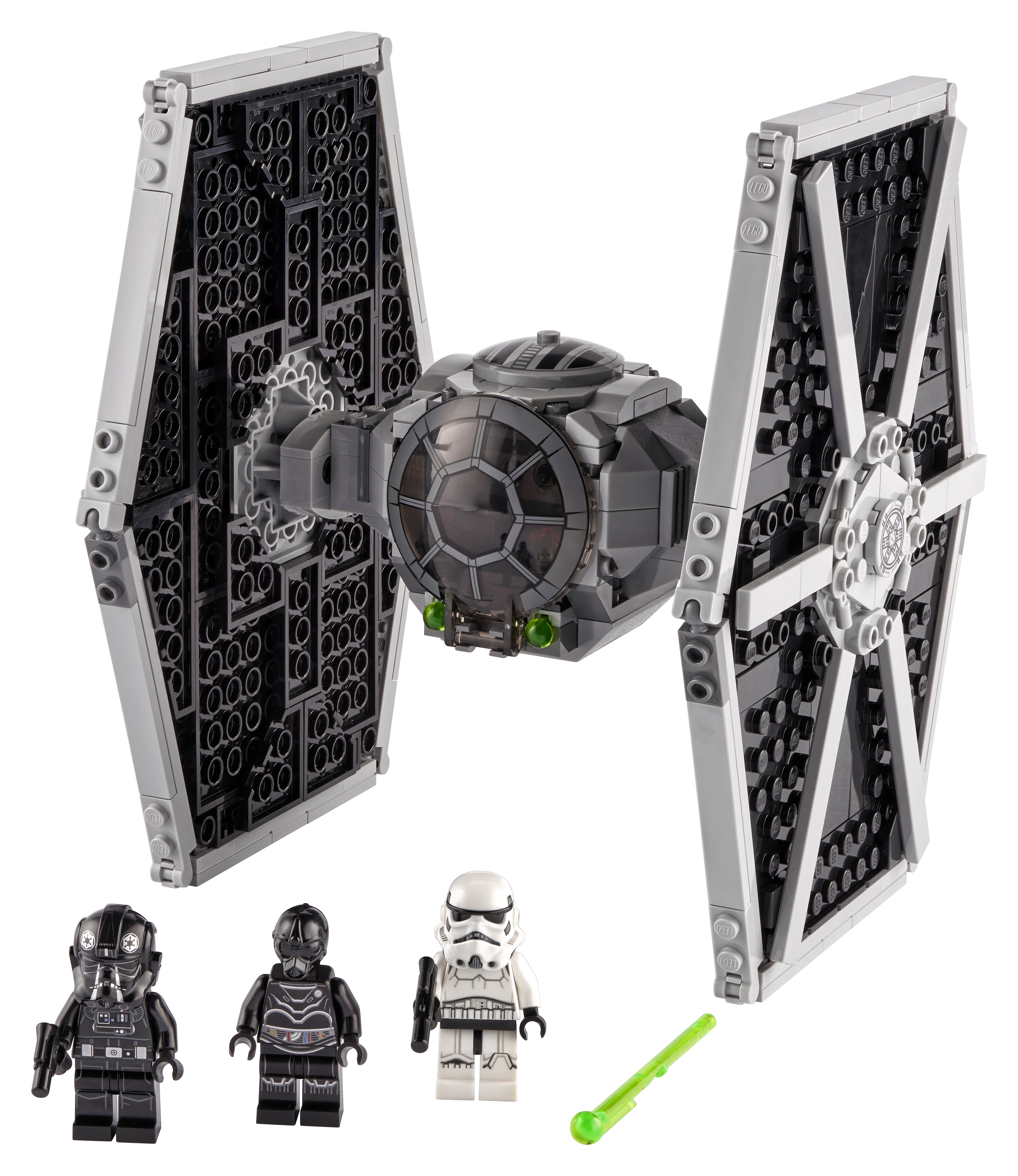 LEGO Star Wars Imperial TIE Fighter 75300 with minifigures, missile shooter, and NI-L8 Protocol Droid.