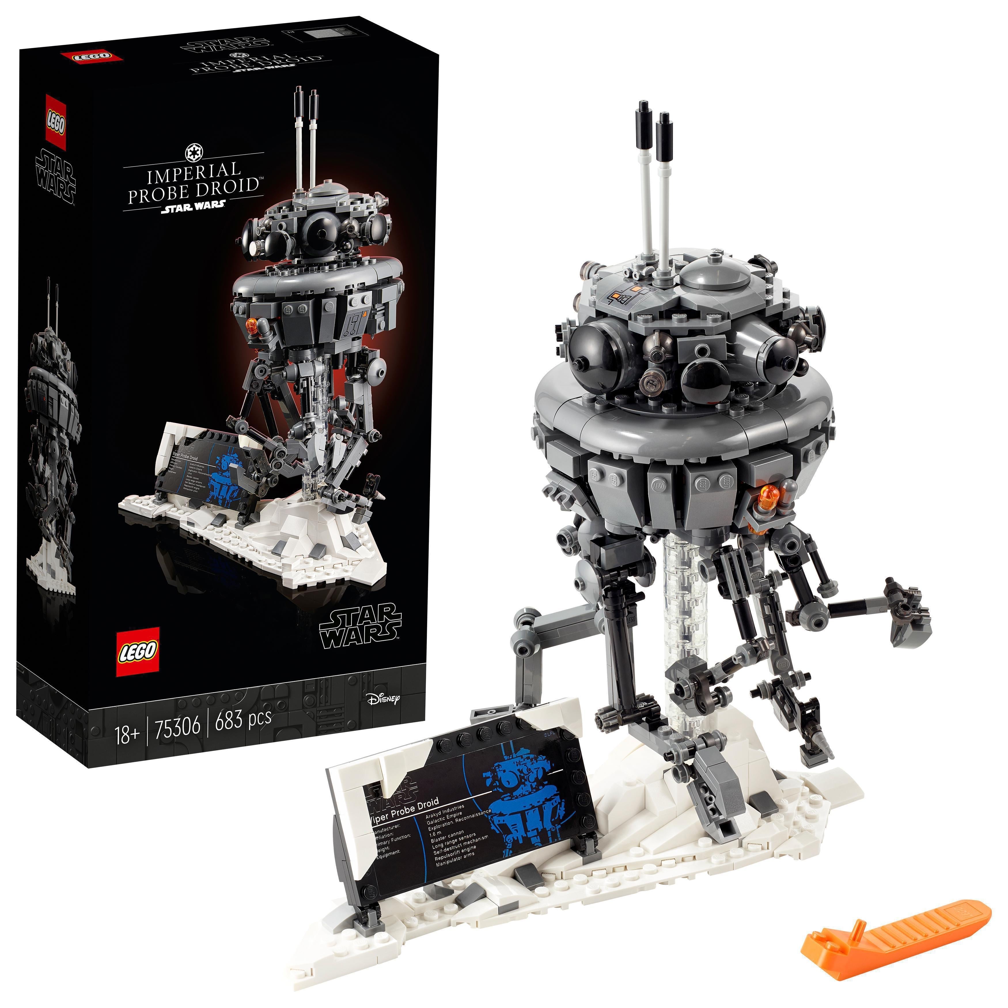 LEGO Star Wars Imperial Probe Droid Adult Set 75306, featuring 683 pieces, in a snowy Hoth scene for collectors.