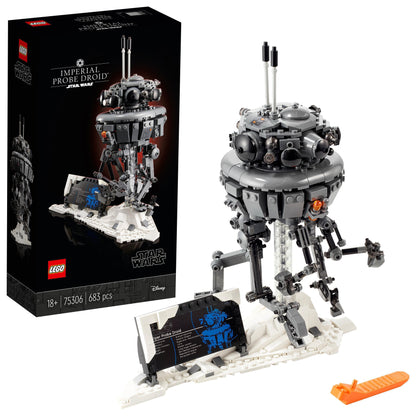 LEGO Star Wars Imperial Probe Droid Adult Set 75306, featuring 683 pieces, in a snowy Hoth scene for collectors.