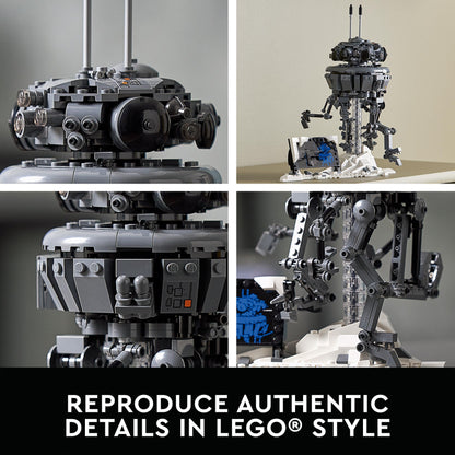 LEGO® Star Wars 75306 Imperial Probe Droid showcasing authentic details in a snowy Hoth scene.