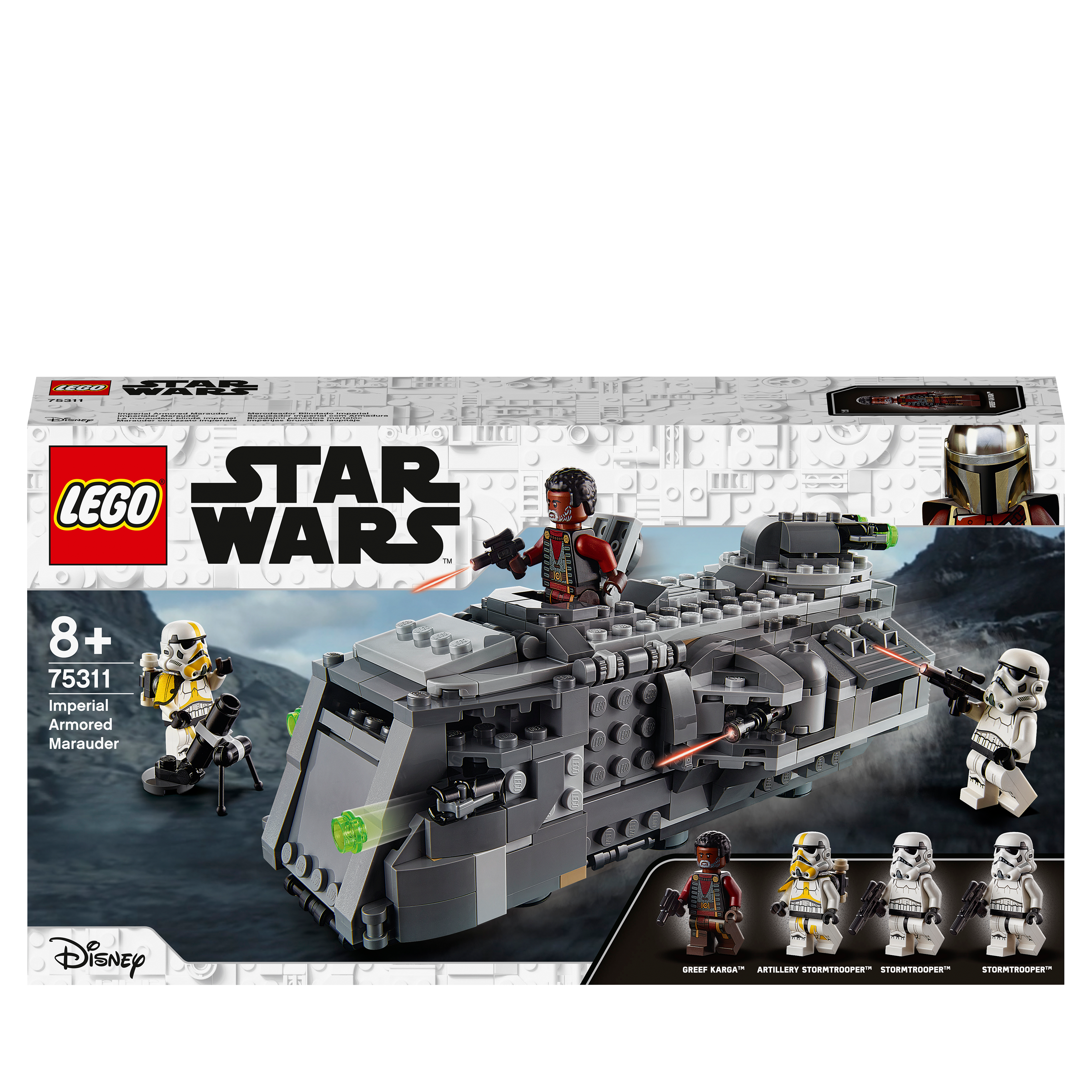 LEGO Star Wars Imperial Armoured Marauder Set 75311 with Stormtroopers and Greef Karga for creative play.