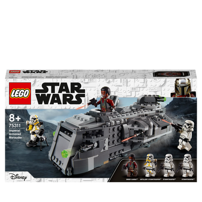 LEGO Star Wars Imperial Armoured Marauder Set 75311 with Stormtroopers and Greef Karga for creative play.