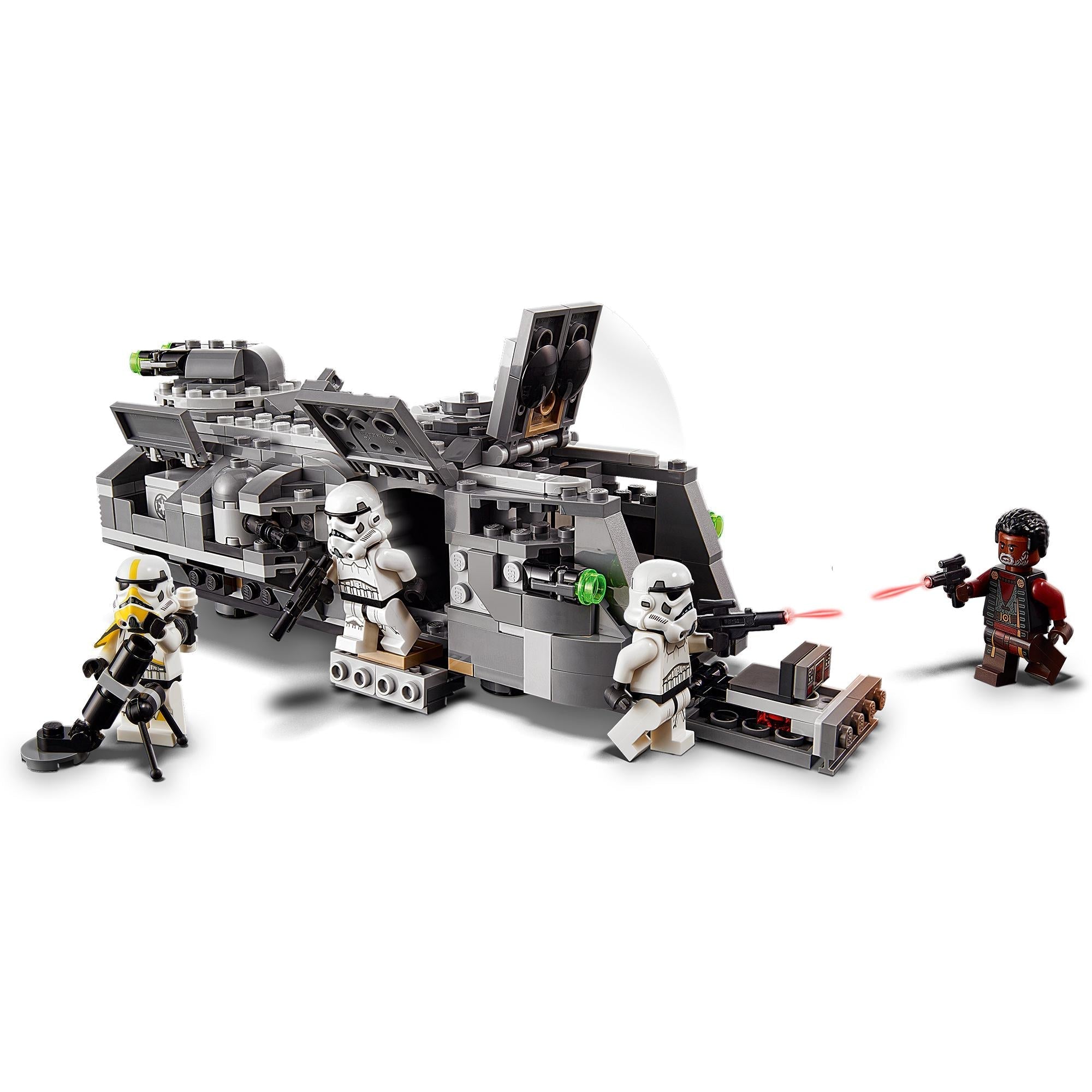 LEGO Star Wars Imperial Armoured Marauder Set 75311 featuring Stormtroopers and Greef Karga in action.