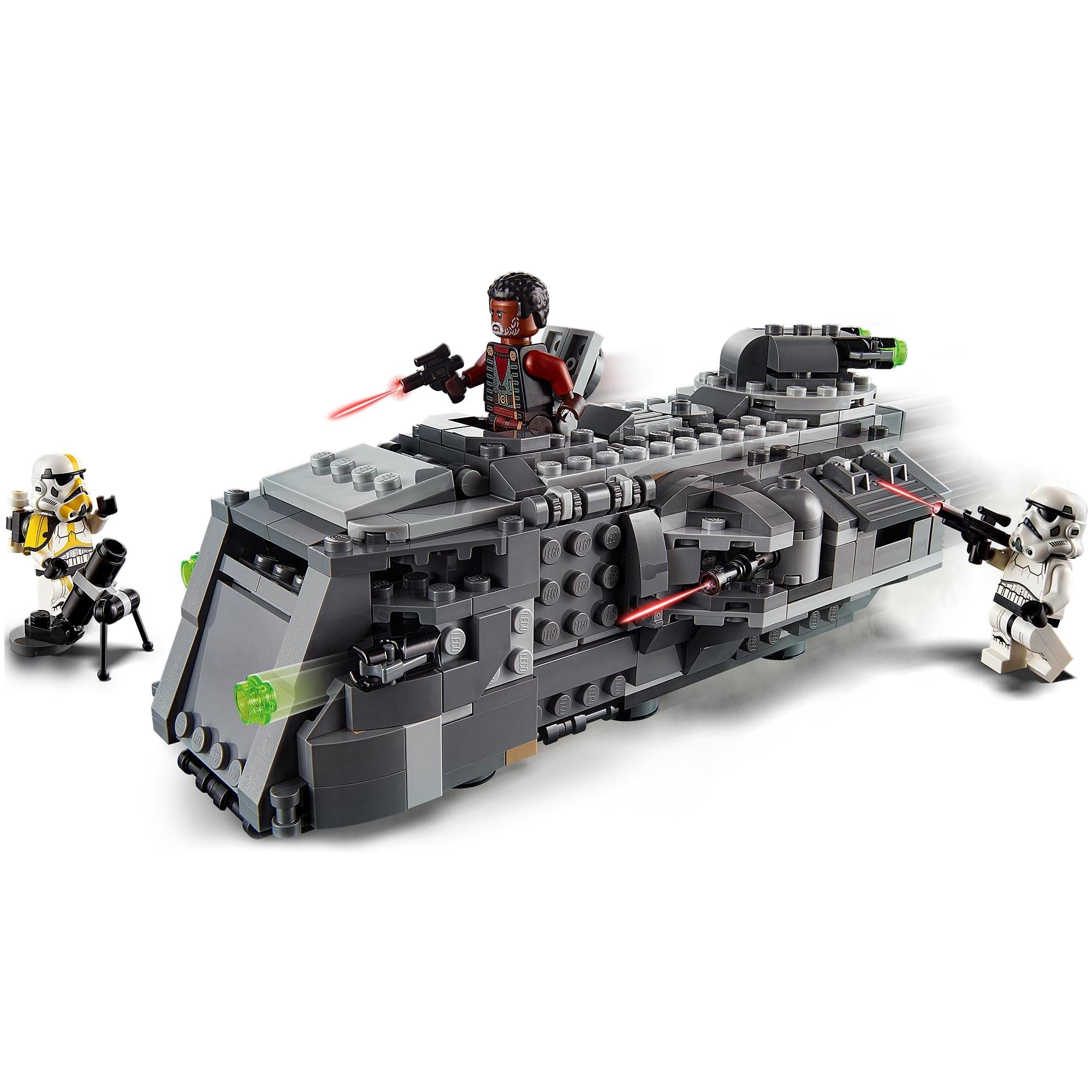 LEGO Star Wars Imperial Armoured Marauder Set 75311 with Stormtroopers and Greef Karga in action.