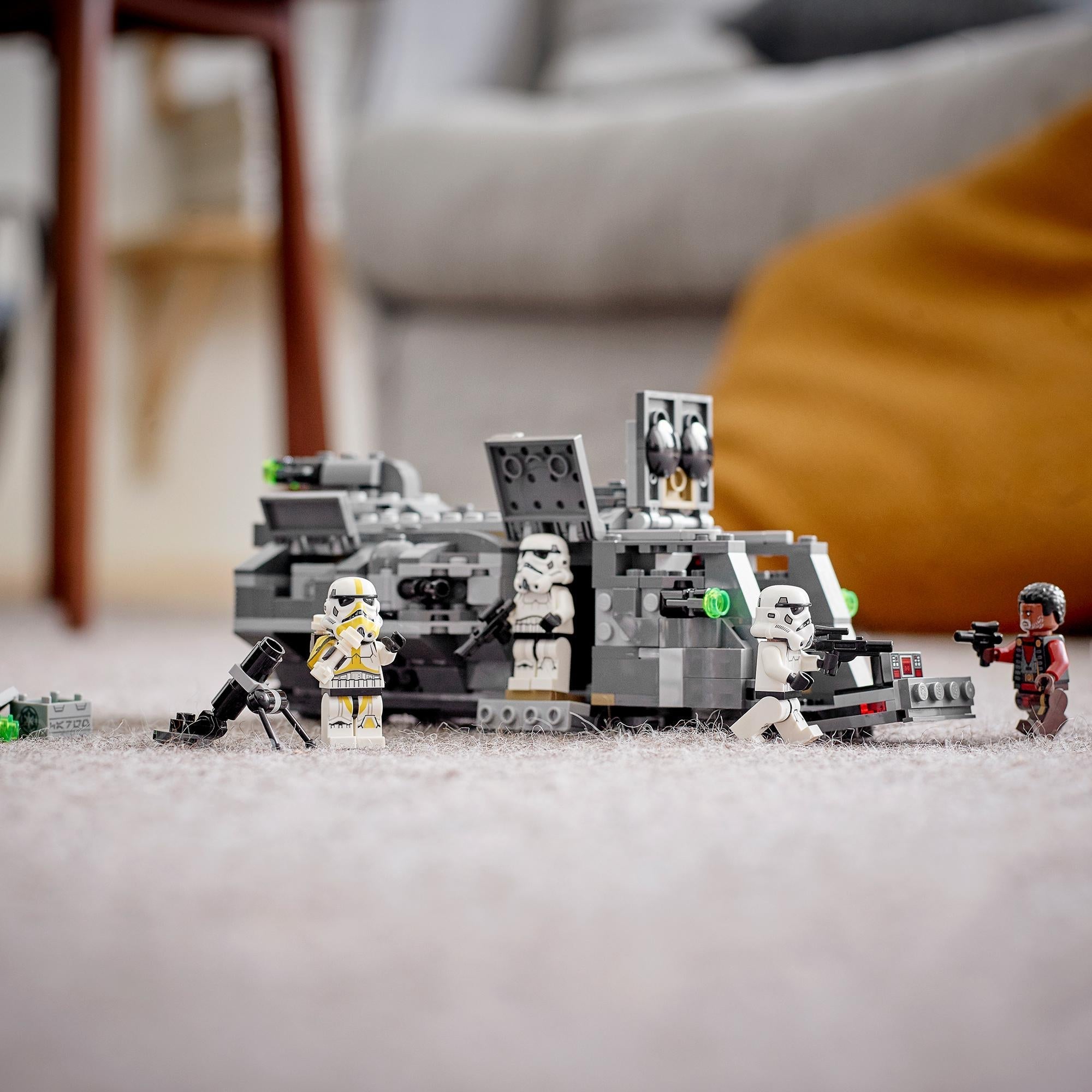 LEGO Star Wars Imperial Armoured Marauder Set 75311 with Stormtroopers and Greef Karga figures in action.