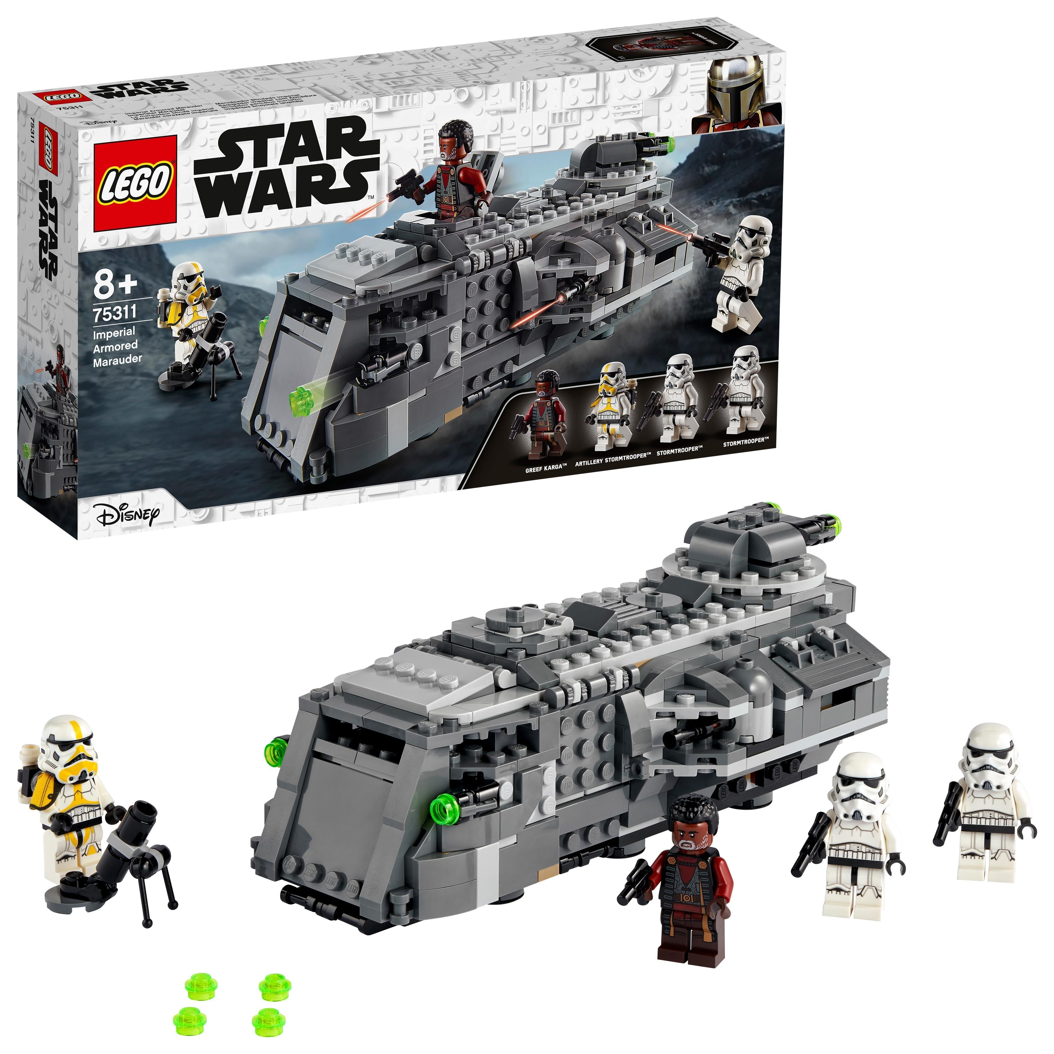 LEGO Star Wars Imperial Armoured Marauder Set 75311 with figures and vehicle from The Mandalorian Season 2, perfect for battles.