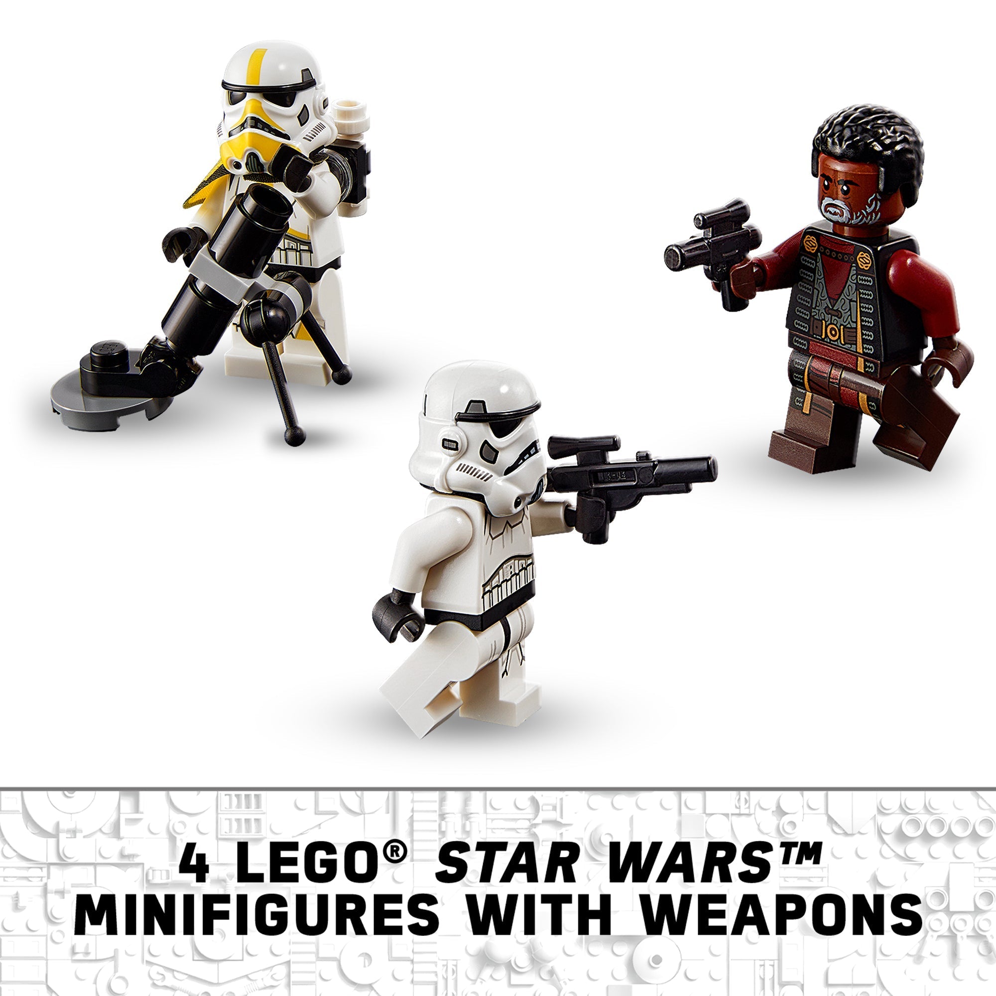 Four LEGO® Star Wars minifigures with weapons, featuring Stormtroopers and Greef Karga from The Mandalorian.