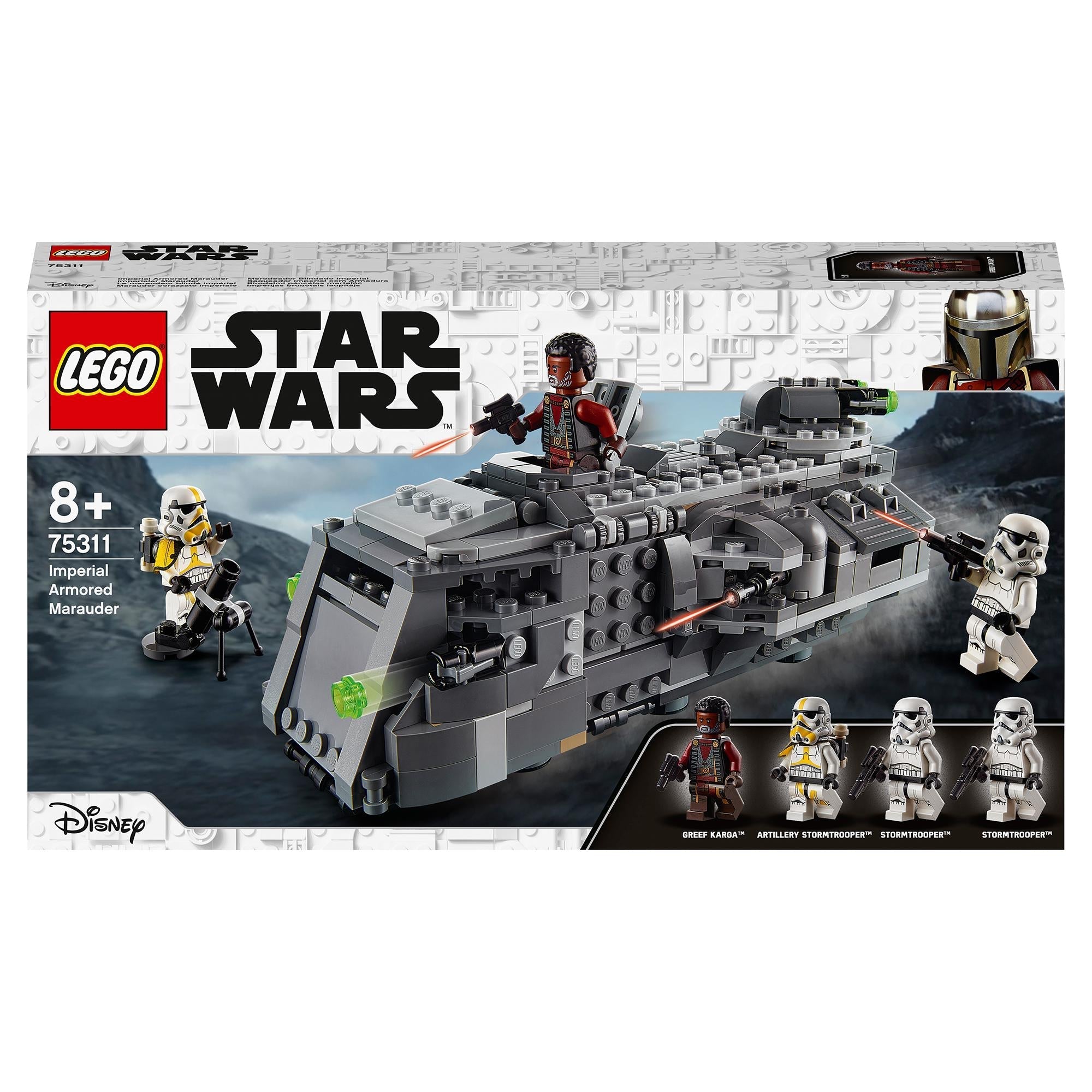LEGO Star Wars Imperial Armoured Marauder Set 75311 featuring Stormtroopers and Greef Karga for thrilling battles.