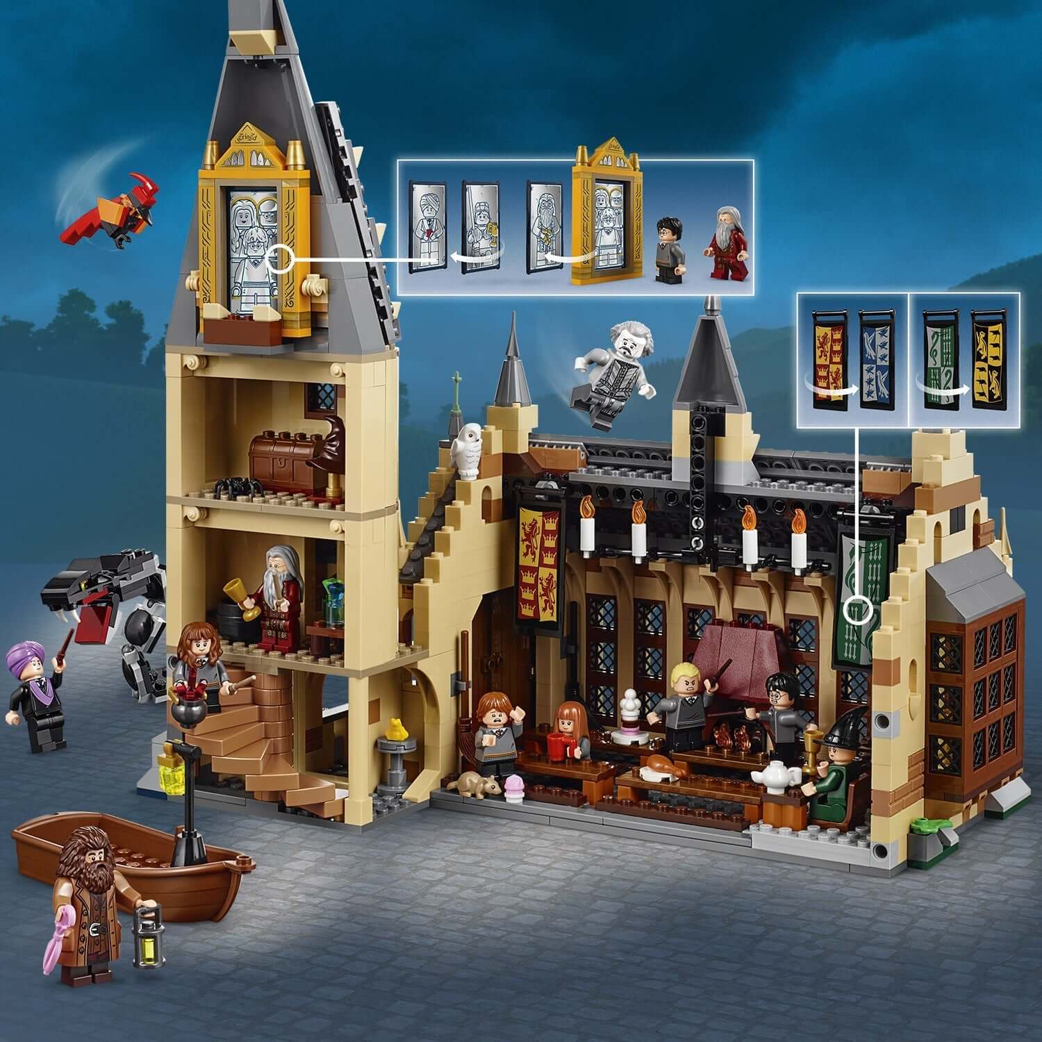 LEGO Harry Potter Great Hall Castle Set 75954 with mini-figures and detailed interior features.