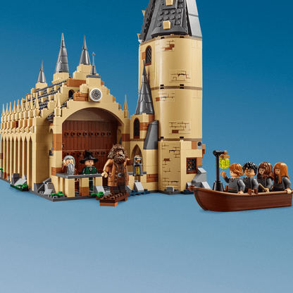 LEGO Harry Potter Great Hall Castle Set 75954 featuring iconic castle with mini figures and boat scene.