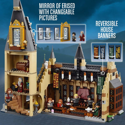 LEGO Harry Potter Great Hall Castle Set 75954 showcasing the Mirror of Erised and reversible house banners.