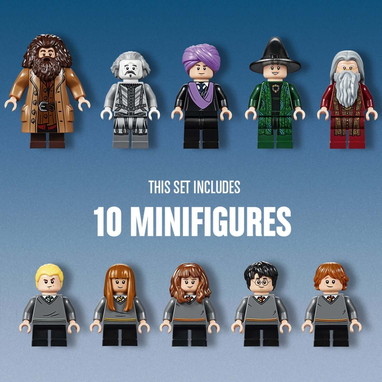 LEGO Harry Potter Great Hall Set 75954 featuring 10 unique minifigures including Hagrid and Harry Potter.