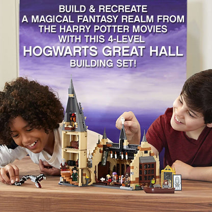 LEGO Harry Potter Great Hall Castle Set showcasing children building a magical Hogwarts scene.