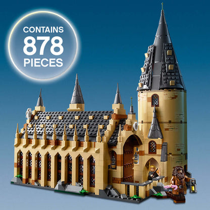 LEGO Harry Potter Great Hall Castle Set 75954 model featuring detailed architecture and figures, contains 878 pieces.
