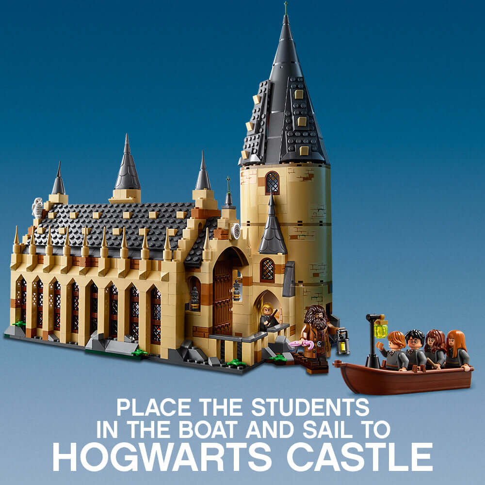 LEGO Harry Potter Great Hall set featuring Hogwarts Castle and students in a boat ready for adventure.